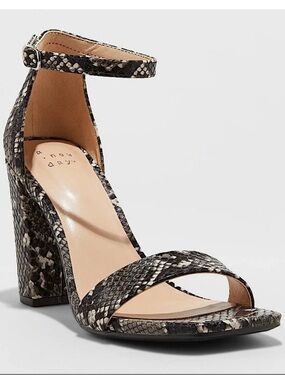 a new day Black Snake-Print Ankle Strap Block Heel Sandal